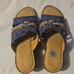 Blue and Tan Casual Sandals with Bohemian Pattern